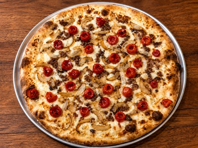 Sausage, Grilled Onions, & Peppadew Pepper Pizza